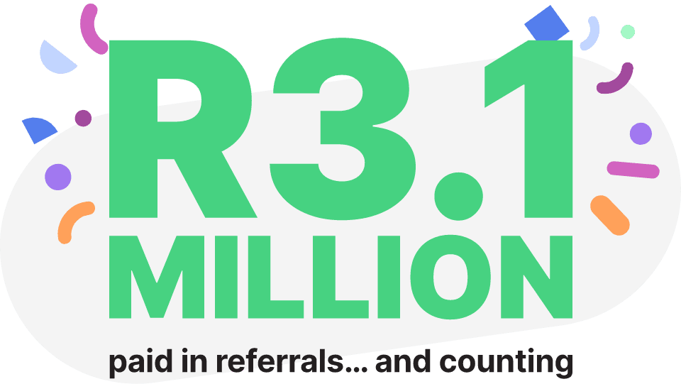 Graphic illustration: Over R2.8 million rewarded through our 'Refer a Friend' program, showcasing the cash benefits for successful referrals.
